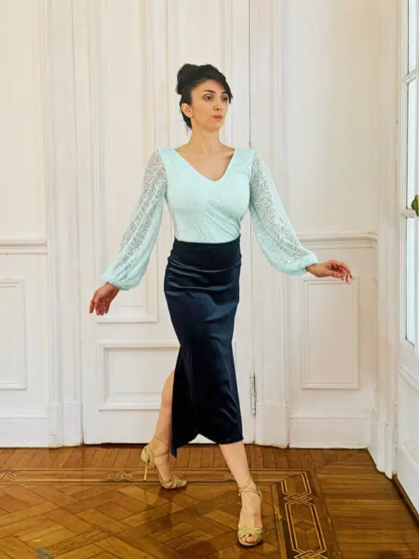 Conjunto verde y azul – Top Tokio y Falda Smoking