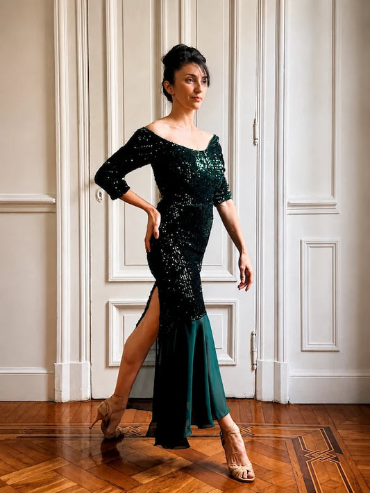 Vestido Moño verde botella – Manga 3/4 con falda volado