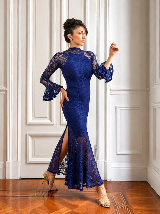 Vestido Lucila azul Francia – De encaje con cuello americano