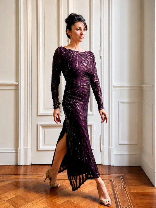 Vestido Maya violeta – Manga larga y falda smoking en tul paillette