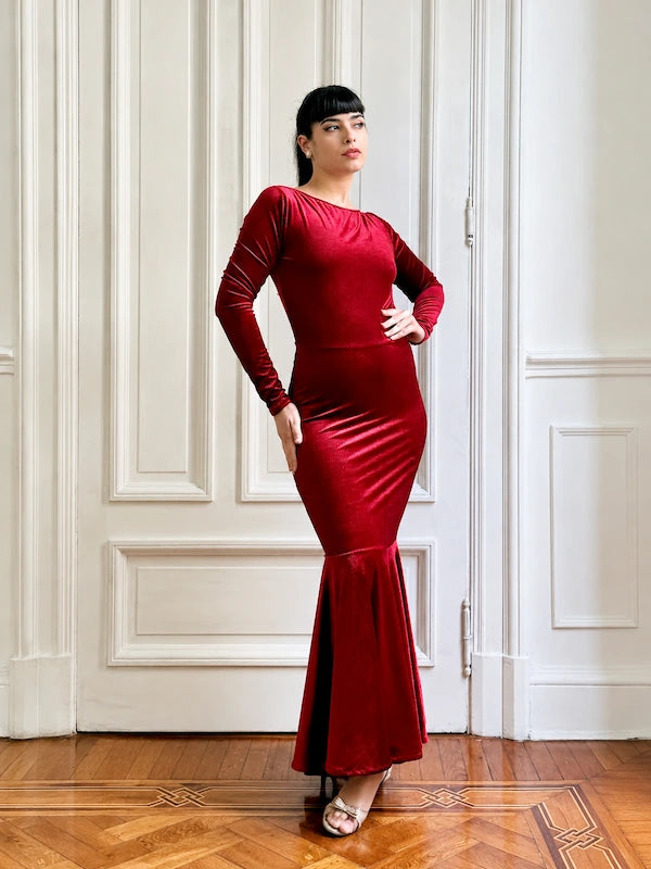 Vestido Maya rojo – Terciopelo manga larga con volado amplio