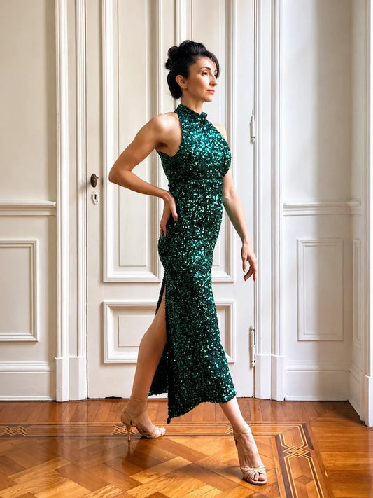 Vestido Americano verde – Enmascaramiento de lentejuela con base en terciopelo