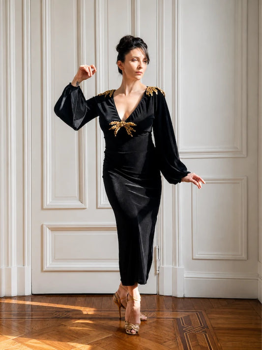 Vestido Milán negro – Terciopelo con apliques dorados