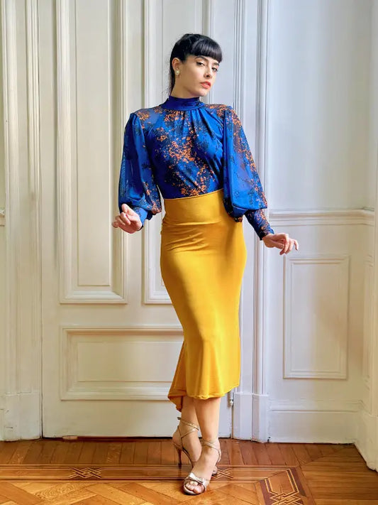 Conjunto azul y amarillo – Top París y Falda Quilla