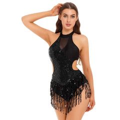 Mujer Samba Salón Latín Baile Disfraz de Flecos Rumba Lentejuelas Maillot Tango Body Cha-Cha Guantes para Actuación en Escenario