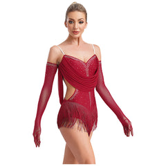 Vestido de leotardo de baile latino con flecos y diamantes de imitación para mujer + guantes para actuaciones de tango, cha-cha, salsa y patinaje