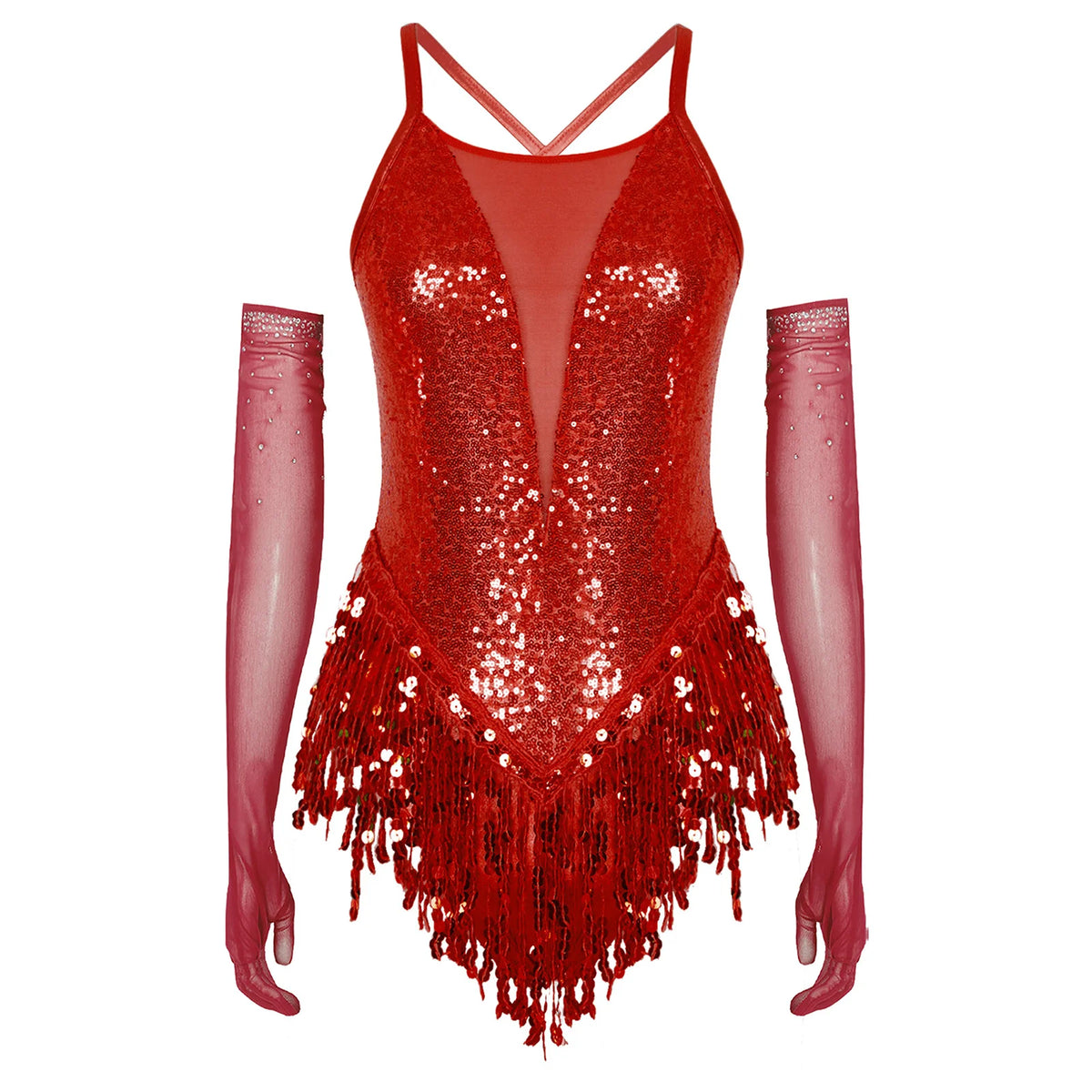 Mujer Samba Salón Latín Baile Disfraz de Flecos Rumba Lentejuelas Maillot Tango Body Cha-Cha Guantes para Actuación en Escenario