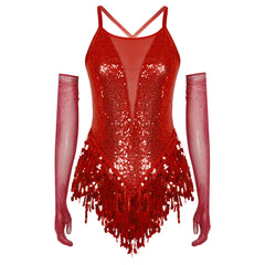Mujer Samba Salón Latín Baile Disfraz de Flecos Rumba Lentejuelas Maillot Tango Body Cha-Cha Guantes para Actuación en Escenario