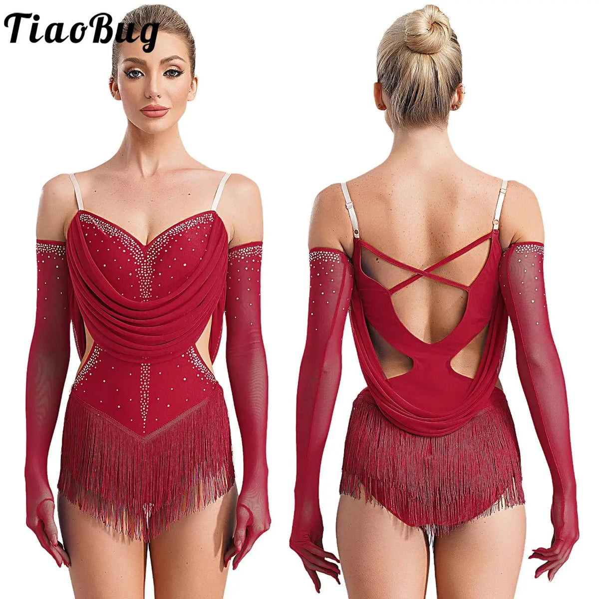 Vestido de leotardo de baile latino con flecos y diamantes de imitación para mujer + guantes para actuaciones de tango, cha-cha, salsa y patinaje