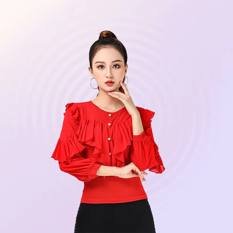 Tops de baile para mujer Tops de baile latino clásico Tops de samba y salón de baile Manga larga Color sólido Camisa de noche Top de baile en línea