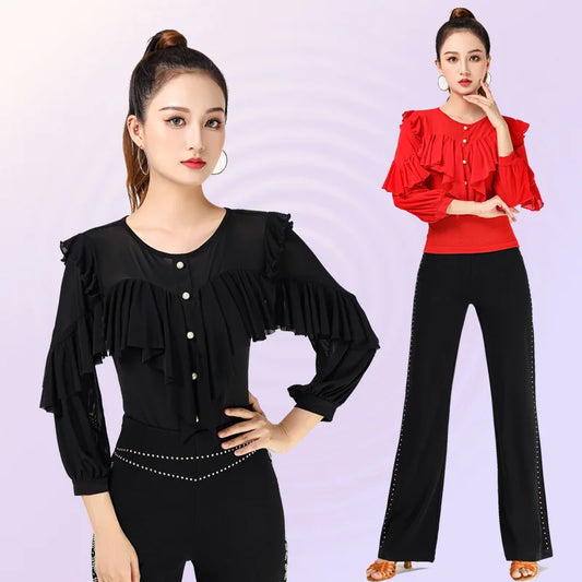 Tops de baile para mujer Tops de baile latino clásico Tops de samba y salón de baile Manga larga Color sólido Camisa de noche Top de baile en línea
