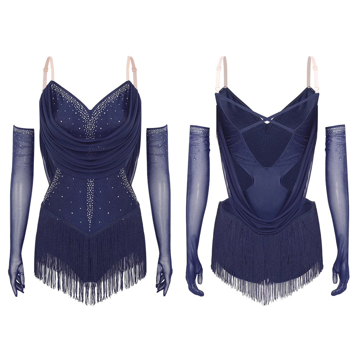 Vestido de leotardo de baile latino con flecos y diamantes de imitación para mujer + guantes para actuaciones de tango, cha-cha, salsa y patinaje