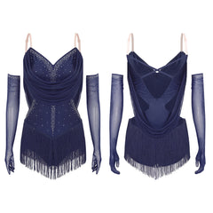 Vestido de leotardo de baile latino con flecos y diamantes de imitación para mujer + guantes para actuaciones de tango, cha-cha, salsa y patinaje