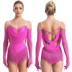 Vestido de leotardo de baile latino con flecos y diamantes de imitación para mujer + guantes para actuaciones de tango, cha-cha, salsa y patinaje
