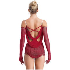 Vestido de leotardo de baile latino con flecos y diamantes de imitación para mujer + guantes para actuaciones de tango, cha-cha, salsa y patinaje