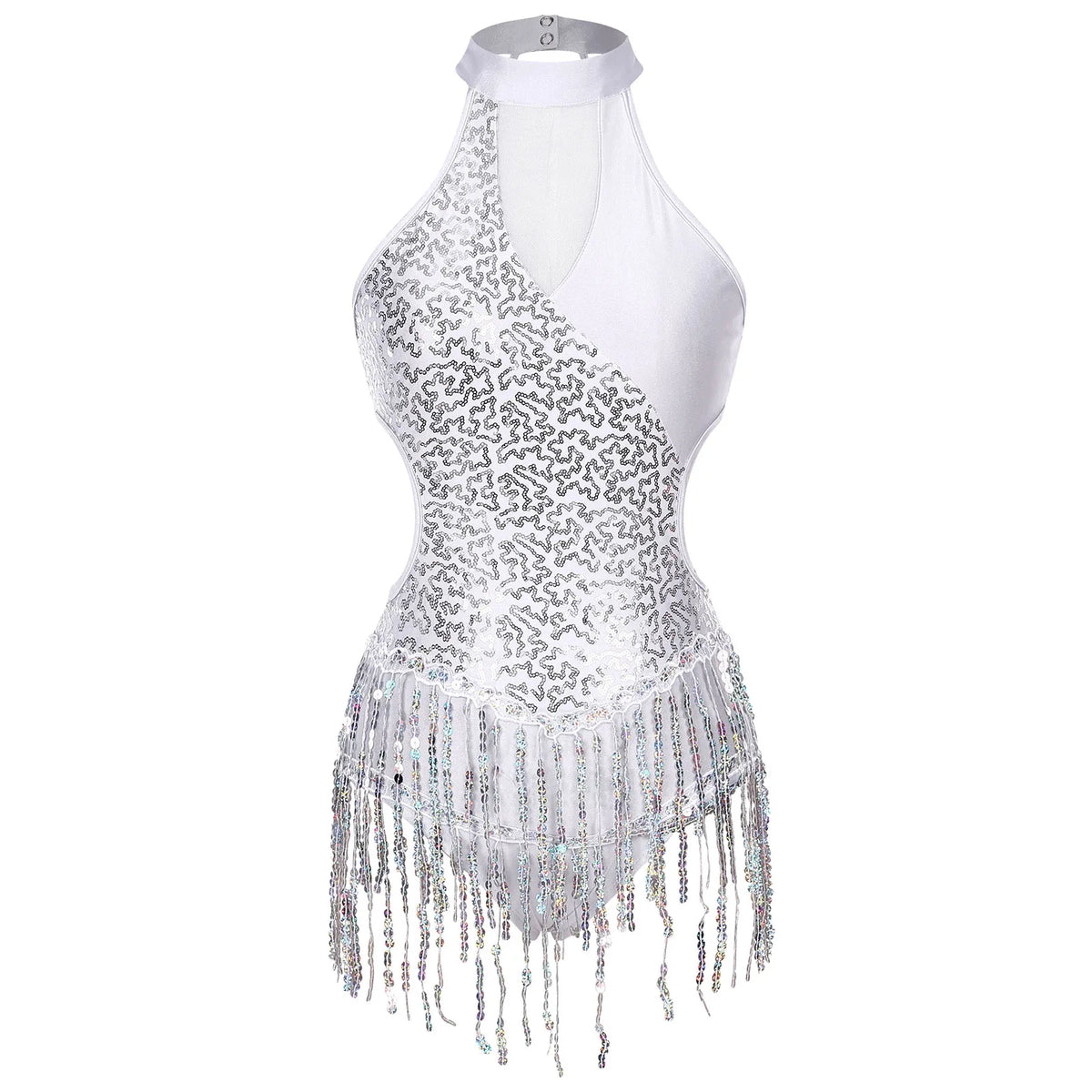 Mujer Samba Salón Latín Baile Disfraz de Flecos Rumba Lentejuelas Maillot Tango Body Cha-Cha Guantes para Actuación en Escenario