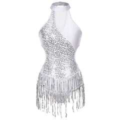 Mujer Samba Salón Latín Baile Disfraz de Flecos Rumba Lentejuelas Maillot Tango Body Cha-Cha Guantes para Actuación en Escenario