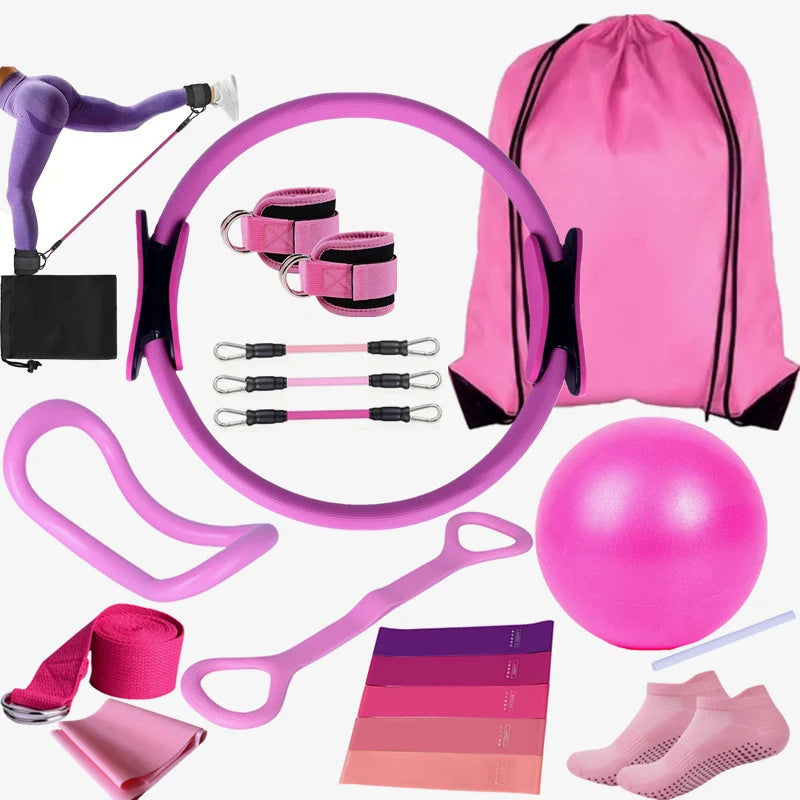 Yoga Pilates Circle 19-Piece Set Fitness Ankle Strap Trainer Stretch Belt Gradient Color Elastic Set Pilates Exercise Band Home