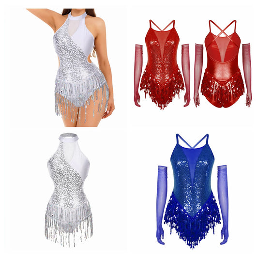 Mujer Samba Salón Latín Baile Disfraz de Flecos Rumba Lentejuelas Maillot Tango Body Cha-Cha Guantes para Actuación en Escenario