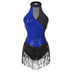 Mujer Samba Salón Latín Baile Disfraz de Flecos Rumba Lentejuelas Maillot Tango Body Cha-Cha Guantes para Actuación en Escenario