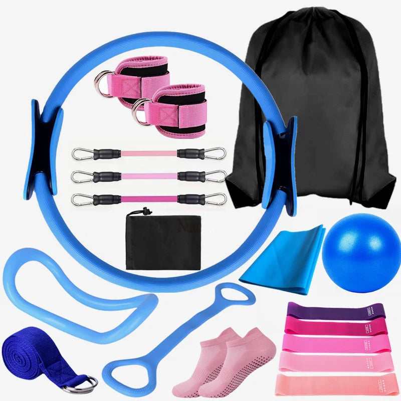 Yoga Pilates Circle 19-Piece Set Fitness Ankle Strap Trainer Stretch Belt Gradient Color Elastic Set Pilates Exercise Band Home