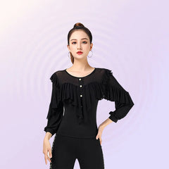 Tops de baile para mujer Tops de baile latino clásico Tops de samba y salón de baile Manga larga Color sólido Camisa de noche Top de baile en línea