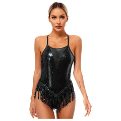 Mujer Samba Salón Latín Baile Disfraz de Flecos Rumba Lentejuelas Maillot Tango Body Cha-Cha Guantes para Actuación en Escenario