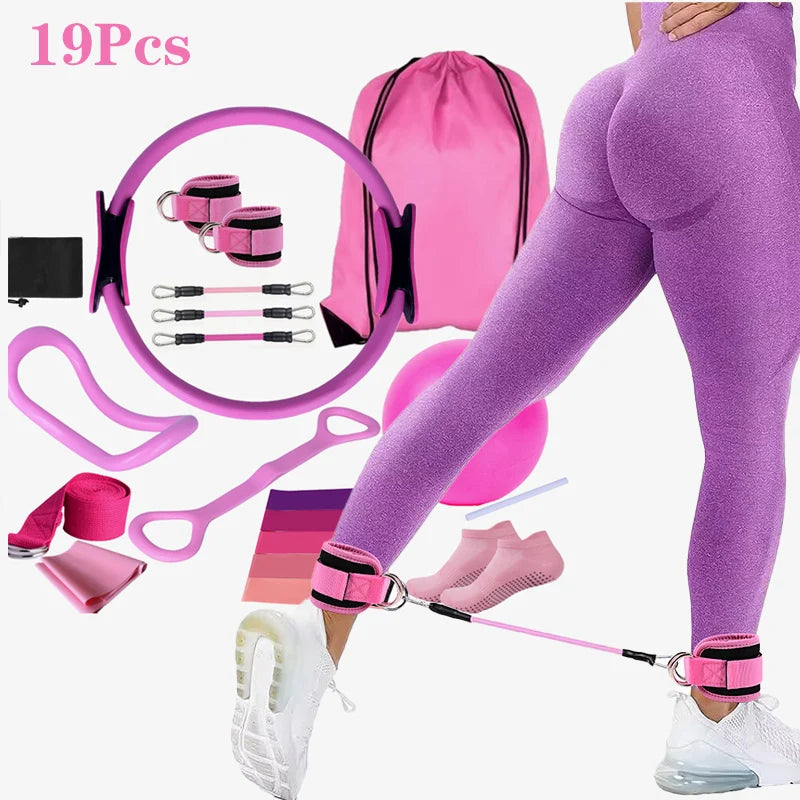 Yoga Pilates Circle 19-Piece Set Fitness Ankle Strap Trainer Stretch Belt Gradient Color Elastic Set Pilates Exercise Band Home