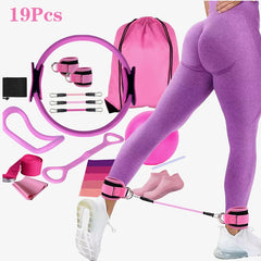 Yoga Pilates Circle 19-Piece Set Fitness Ankle Strap Trainer Stretch Belt Gradient Color Elastic Set Pilates Exercise Band Home
