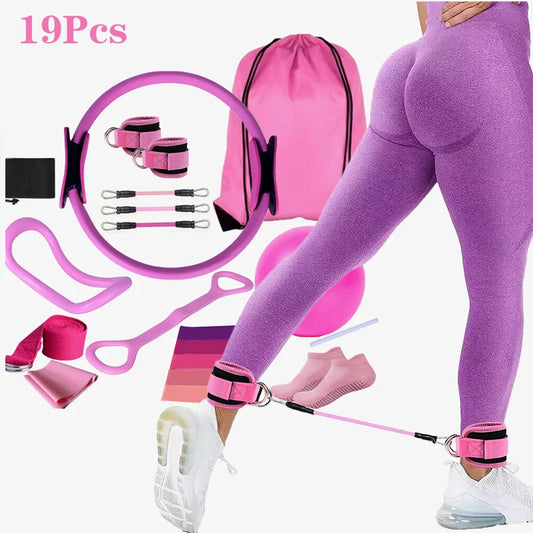 Yoga Pilates Circle 19-Piece Set Fitness Ankle Strap Trainer Stretch Belt Gradient Color Elastic Set Pilates Exercise Band Home