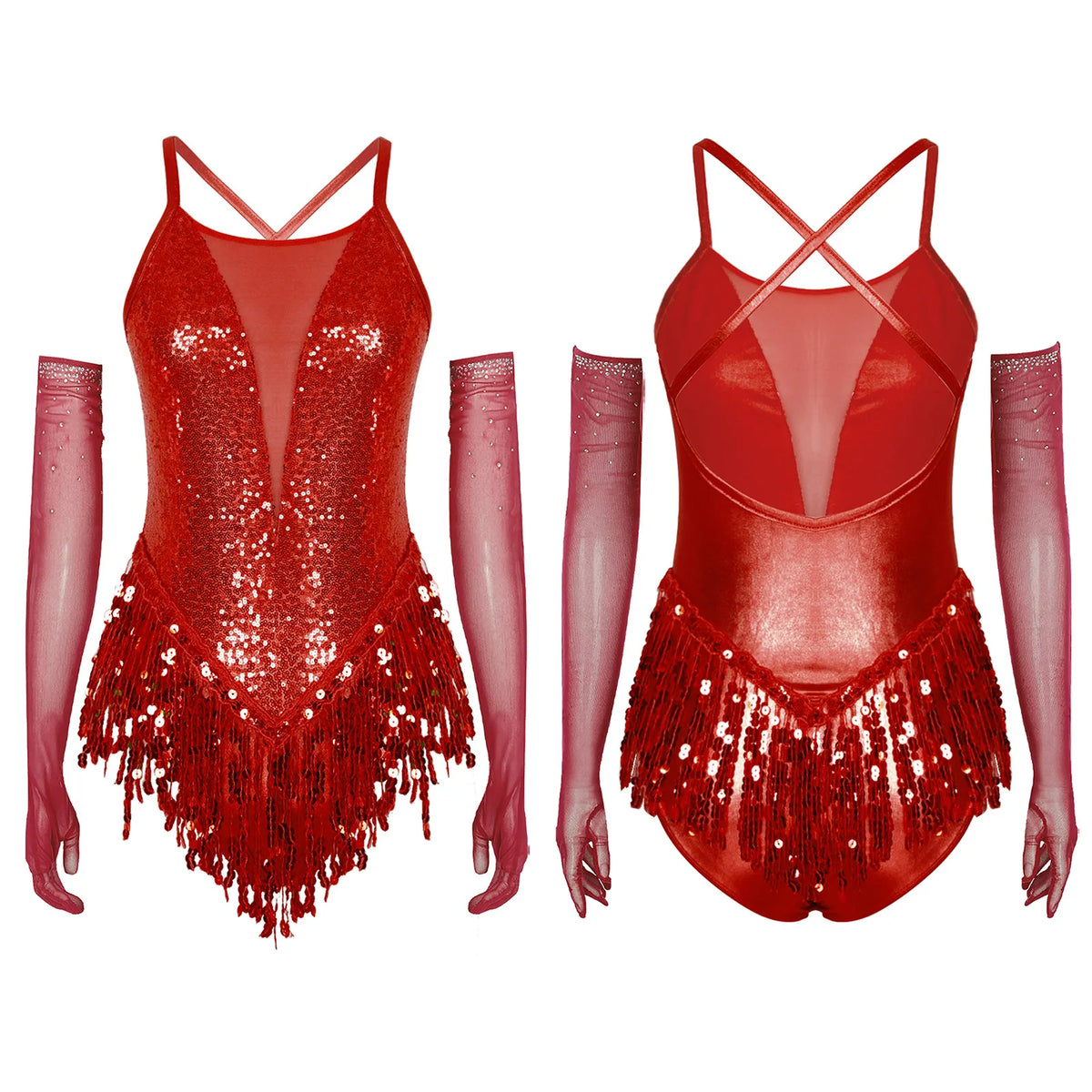 Mujer Samba Salón Latín Baile Disfraz de Flecos Rumba Lentejuelas Maillot Tango Body Cha-Cha Guantes para Actuación en Escenario