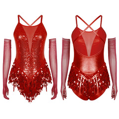 Mujer Samba Salón Latín Baile Disfraz de Flecos Rumba Lentejuelas Maillot Tango Body Cha-Cha Guantes para Actuación en Escenario