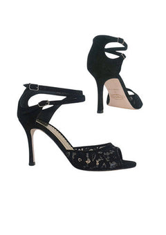 Tango Leike Women’s “Lace Embrace” Tango Sandal – Black Mesh & Suede, 75mm Heel